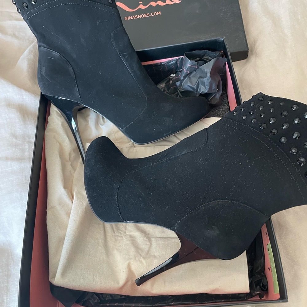 Nina Black Heeled Boots with Studs